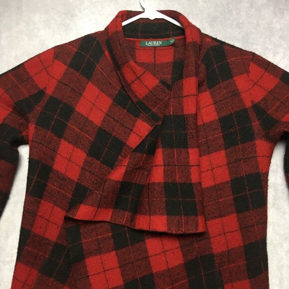 Lauren Ralph Lauren RL Womens Wool Wrap Coat Red Black Plaid - size Small‎ - Picture 4 of 16